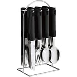 New Black 24PC Cutlery Dinner Set Stainless Steel Metal Stand Rack Forks Tea Spoons