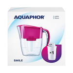 AQUAPHOR Water Filter Jug Smile, Space-saving, Lightweight Fridge door fit 2.9L Capacity 1 X A5 350L Filter Included Reduces Limescale Chlorine & Microplastics, Cyclamen Pink