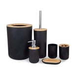 MisFox 6 Pieces Bamboo Bathroom Accessories Set, Stylish Eco-friendly Bath Accessories Include Soap Dispenser, Trash Bin（4L）, Toothbrush Holder, Tooth Mug, Toilet Brush & Soap Dish - Black