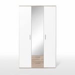 Armoire battante - Panneaux de particules - Blanc et chêne - 3 portes et 2 tiroirs + miroir - L 121 x P 54 x H 200,1 cm - SELKEA