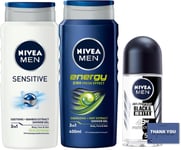 Nivea Men Shower and Deodorant Bundle - Sensitive & Energy Shower Gels, Black & 