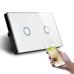 LKM-SMSWT02W LKM Interrupteur Smart Home à 2 positions tactile WiFi Blanc Verre trempé Contrôle à LED Compatible avec Amazon Echo et Google Home