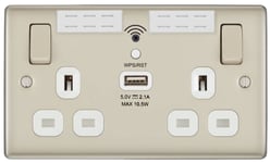 BG Double Socket Wall Plug with Wifi Extender | USB Port | Pearl Nickel Metal