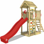 Wickey - Aire de jeux Portique bois JoyFlyer avec toboggan Maison enfant exterieur avec bac à sable, échelle d'escalade & accessoires de jeux - rouge