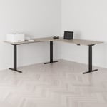 Höj och sänkbart hörnskrivbord, vänstersvängt, svart stativ, ek bordsskiva 200x200cm