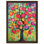 Apple Tree Folk Art Bright Watercolour Painting Artwork Framed Wall Art Print A4