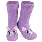 Chaussettes Chaussettes Antidérapantes Femme Hiver, Chaussons Chaussettes Femme Animaux Fantaisie, Cadeau Cocooning Femme Taille Unique 37-41 (Violet Chat)