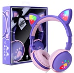 Kids Headphones Wireless, Girls Cat Ear Bluetooth Headphones Foldable LED Light Up Headphones Over On Ear with Microphone for iPhone/iPad/Smartphones/Laptop/PC/TV/Remote Schooling (dark purple)
