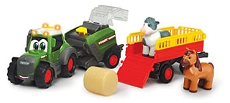 Dickie Toys ABC Fendt Diorama Set de Jeu Comprenant Tracteur, Presse, balles de Foin, remorque, Vache et Cheval, avec lumière et Son, pour Enfants à partir de 12 Mois, 204118002ONL, Multicolore