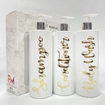 Print Maniacs 3 Set Mrs Hinch Inspired White Personalised Dispenser Pump Bottles Shampoo Conditioner Body Wash (Gold)