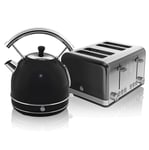 Swan, Retro Kitchen Kettle and Toaster Set, 1.8L Dome Kettle, 4 Slice Toaster, (Black)