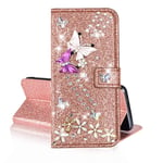 QC-EMART for Samsung Galaxy A12 Phone Wallet Case Glitter Butterfly Rose Gold PU Leather Flip Folio Case Cover with Card Holders Magnetic Closure Phone Holster for Samsung Galaxy A12