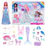 Barbie Calendrier de l’Avent Dreamtopia, Coffret avec Une poupée et 24 Accessoires Surprises, Dont Une Licorne et 3 Animaux Devient Sirène, Fée et Bien Plus Encore, HRG90