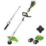 Greenworks Cordless Grass Trimmer 48V(2×24V) 40cm, 25cm Brush Cutter Blade, Pole Saw Attachment, incl. 2 Battery 4Ah & Dual Slot Charger