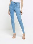 River Island Skinny Cargo Jeans - Mid Wash, Mid Wash, Size 18, Women