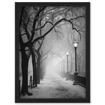 Snow Covered Street in the Misty Glow of Light Posts Atmospheric Black and White Photograph Winter Scene Artwork Framed Wall Art Print A4