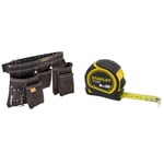 STANLEY Leather Tool Belt Pouch Apron, Multi-Pockets Storage Organiser, Hammer Loop, STST1-80113 & Tylon 8m/26ft Pocket Tape Yellow/Black, 0-30-656