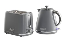 Daewoo SDA2680 Stirling Collection, 1.7L Pyramid Kettle with Matching 2 Slice Toaster, Safety Features, Easy Cleaning, Cohesive Kitchen Set, Stainless Steel, Grey