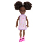 Barbie - Chelsea Doll, Small Doll - Purple Floral Dress With Space Buns & Brown Eyes (HXM96)