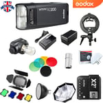 Godox 2.4 TTL 1/8000s AD200 Flash+Barn Door+color filter+softbox Diffuser+X2T UK