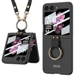 För Samsung Galaxy Z Flip 6 Crossbody Lanyard Case, Inbyggt Baksideskydd Slim Ultra Thin PC Stötsäkert Skal med Ring Black