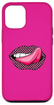 Coque pour iPhone 15 Lèvres en damier rose avec langue rose