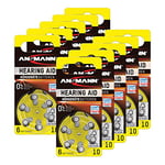 ANSMANN Hearing Aid Batteries [Pack of 60 Cells] Size 10 Yellow Zinc Air Hearing-Aid Suitable For Hearing Aids, Hearing Aids Sound Amplifier - 1.45V Mercury Free