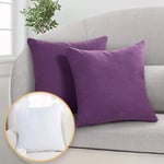 MISSJIAN Cushions Pillow for Sofa 100% Cotton linen Breathable Throw Pillows Case Covers with Invisible Zipper,High Elastic Cotton Pillow Core for Bedroom Car Cafe Decoration, 18x18”(Purple, 2PCS)