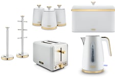 Tower Cavaletto White Jug Kettle 2 Slice Toaster & Kitchen Storage Set of 8