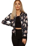 Floral Bomber Jacket Ladies Long Sleeves Rose Print Zip Up Crew Neck Coat Top