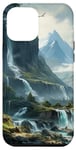 Coque pour iPhone 15 Pro Max joli paysage naturel vert, cascades, montagnes enneigées.