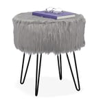 Relaxdays Tabouret Fourrure, Pouf matelassé, Longs Poils, Structure en métal, pour Coiffeuse, HxD : 41x37 cm, Gris/Noir