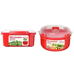 Sistema Microwave Large Steamer with Removable Steamer Basket, 3.2 L - Red/Clear & Microwave Round Container, 915 ml - Red/Clear