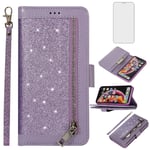 Asuwish Compatible with iPhone XR Wallet Case and Tempered Glass Screen Protector Glitter Leather Flip Cover Phone Cases for iPhoneXR iPhone10R i Phonex 10XR 10R 10 R RX CR iPhoneXRcases Women Purple