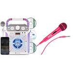 Singing Machine SML682BTW Bluetooth and CD Karaoke Machine with LED Lights and Microphone, White & RockJam Karaoke Microphone Wired Unidirectional Dynamic Microphone with Three Metre Cord - Pink