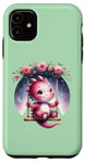 Coque pour iPhone 11 Vert mignon dragon rose sur une balançoire avec lune et fleurs