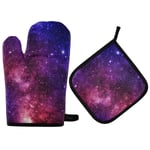 Oven Gloves and Pot Holders Set Purple Galaxy Oven Mitts Heat Resistant to 400 F Kitchen Non-Slip Grip Oven Gloves for Microwave BBQ Cooking Baking Grilling