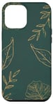 iPhone 13 Pro Max Leaves Botanical Floral Line Art On Dark Forest Green Case