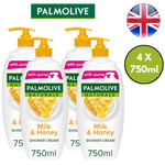 4 x 750ml Palmolive Naturals Shower Gel, Milk & Honey Shower Cream Nourishing