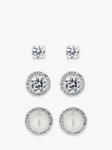 Jon Richard Bridal Crystal & Faux Pearl Halo Stud Earrings, Pack of 3, Silver