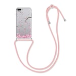 kwmobile Case Compatible with Apple iPhone 7 Plus / 8 Plus - Crossbody Case Clear TPU Lanyard - Cherry Blossoms Pink/Dark Brown/Transparent