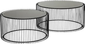 Kare Design Coffee Table Wire, Black, Set of 2, steel, glass table top, modern, round center table, sofa side table for living room, bedroom, office, 34x70cm, 31x60cm