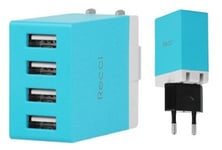 Väggladdare 4 USB-Portar AC 100-240 Volt med USA och EU Adapter Blå