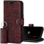 SURAZO Protective Phone Case For Apple iPhone 15 Pro Case - Genuine Leather RFID Wallet with Card Holder, Magnetic Closure, Stand - Flip Cover Full Body Casing Screen Protector (Floral Burgundy)