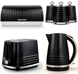 Tower Solitaire Kettle, 2 Slice Toaster Bread Bin & Canisters Set Black & Chrome