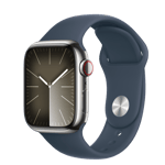 Refurbished Apple Watch Series 9 GPS + Cellular, 41mm Silver Stainless Steel Case with M/L Storm Blue Sport Band
