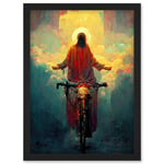 Jesus Christ On A Bike With A Bright Cloud Cross Artwork Framed Wall Art Print A4