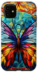 Coque pour iPhone 11 Papillon bleu et jaune en verre teinté portrait insecte art