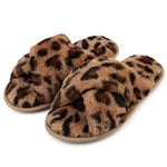 riemot Chaussons Femme Pantoufles en Mousse à Mémoire de Forme Antidérapantes et Confortables Chaussons Femme Hiver Pelucheuses Bout Ouvert Slippers Pour Intérieur/extérieur,Léopard,EU38-39