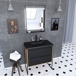 AURLANE Meuble de Salle de Bain 80x50cm Chene Brun - 2 tiroirs - Vasque resine Noire Effet Pierre - Miroir
